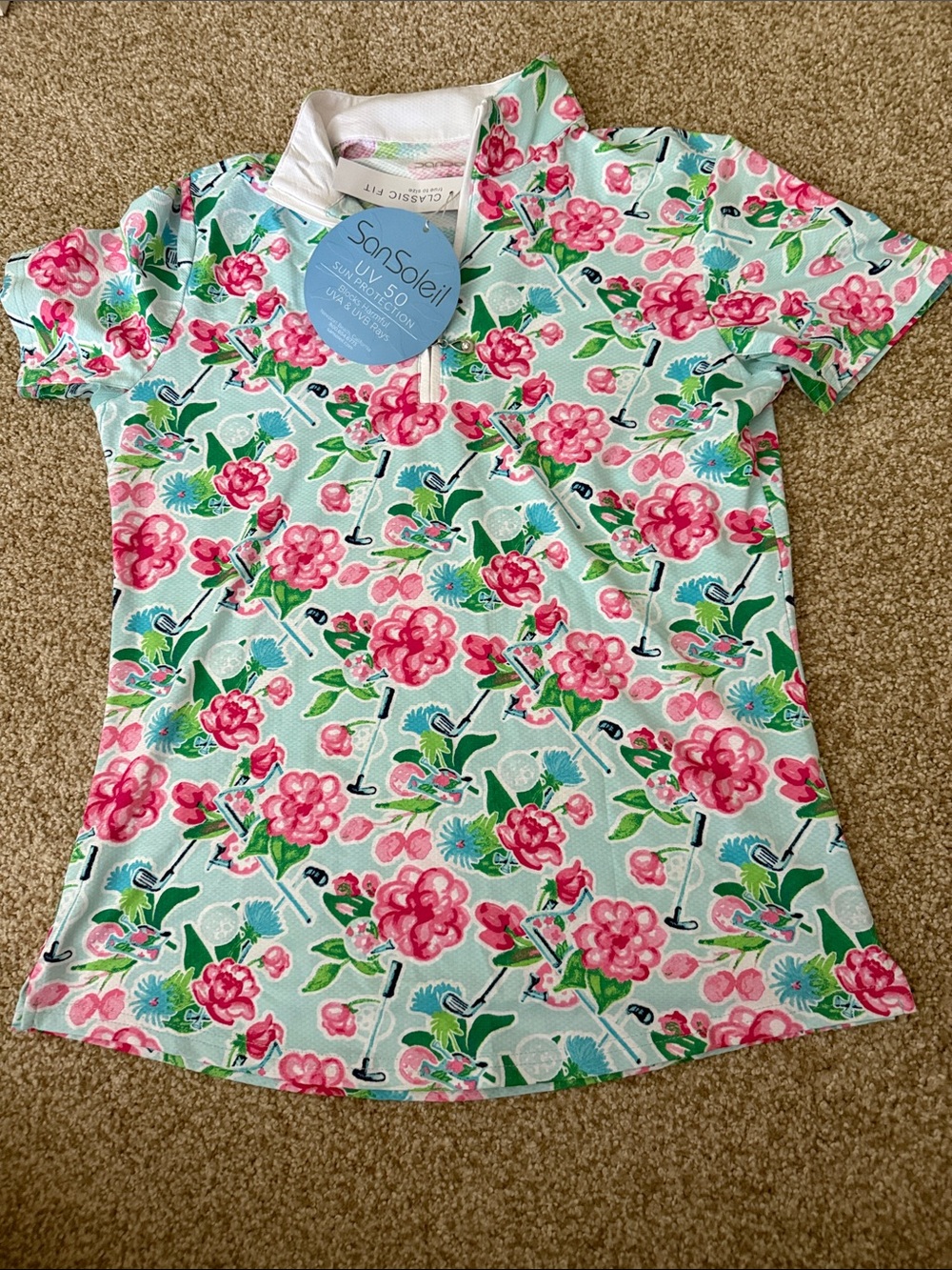 SunSoleil Women’s Pink Floral Golf Polo w Aqua Background. UV50. Sz S